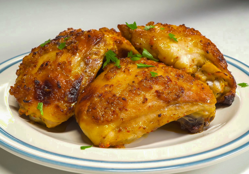 Honey & mustard chicken thighs with spring veg